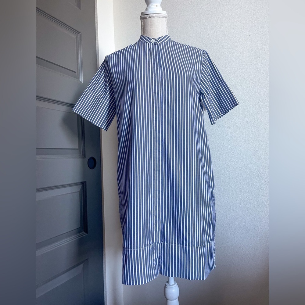 Everlane Blue and White Stripped Collarless T-Shirt Dress | Size 0